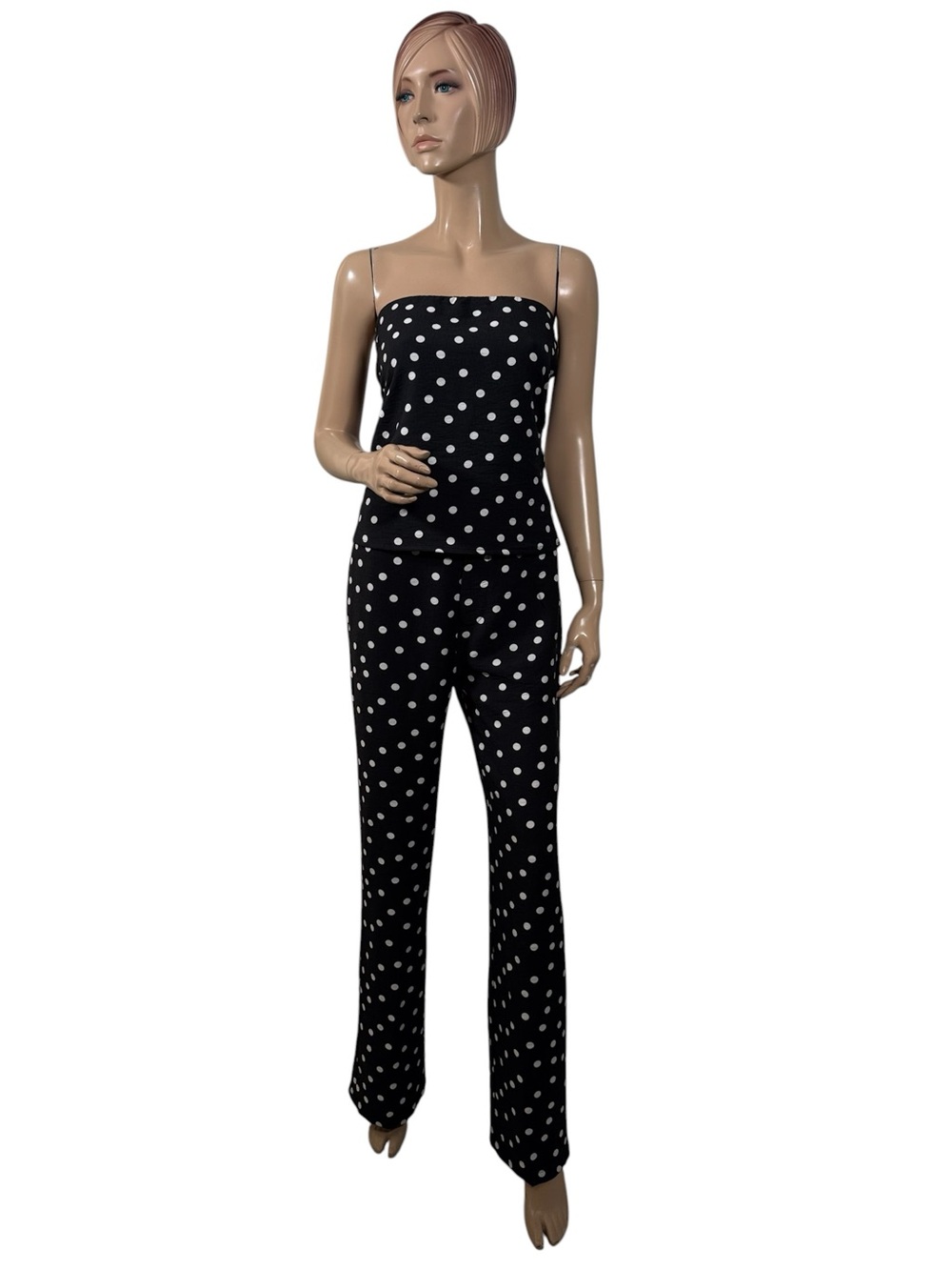 Love Tree Polka Dot 2 Piece Set Strapless Top Wide Leg Pants Large
